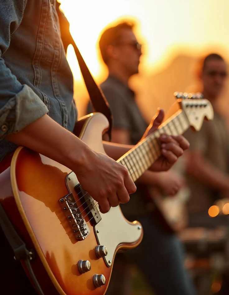 Band playing guitars at golden hour