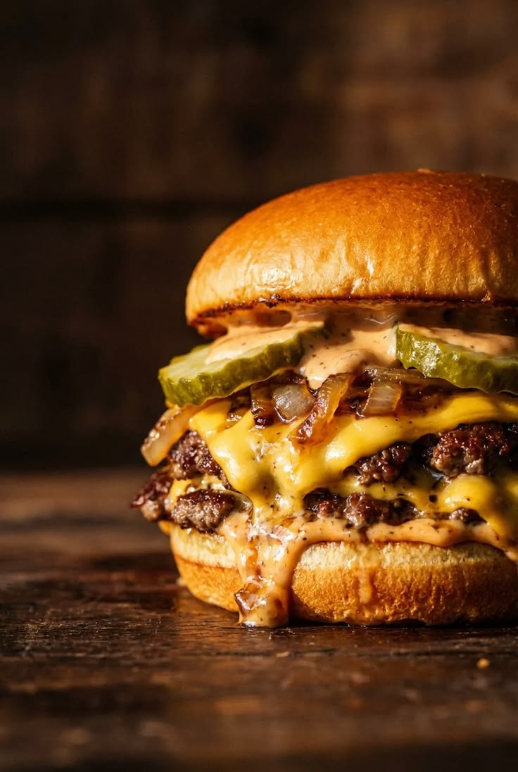 Double smash burger with cheese, pickles and house sauce