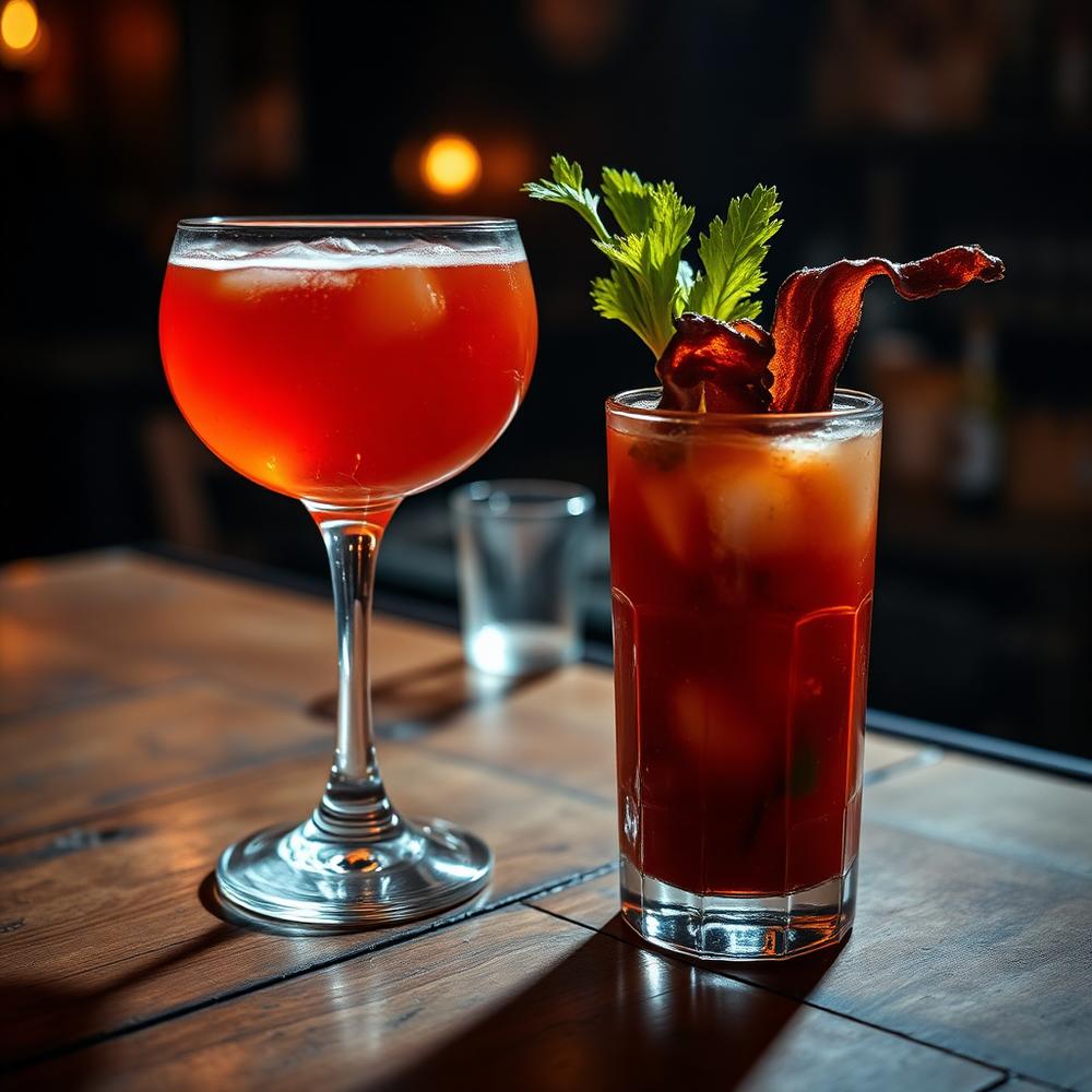 Bloody Mary with bacon garnish and a cocktail
