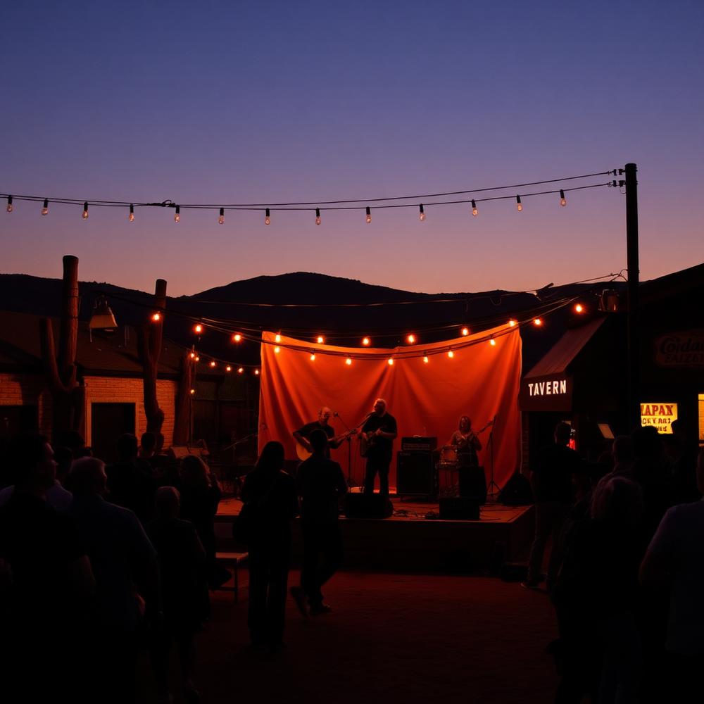Live band playing on the outdoor stage at dusk