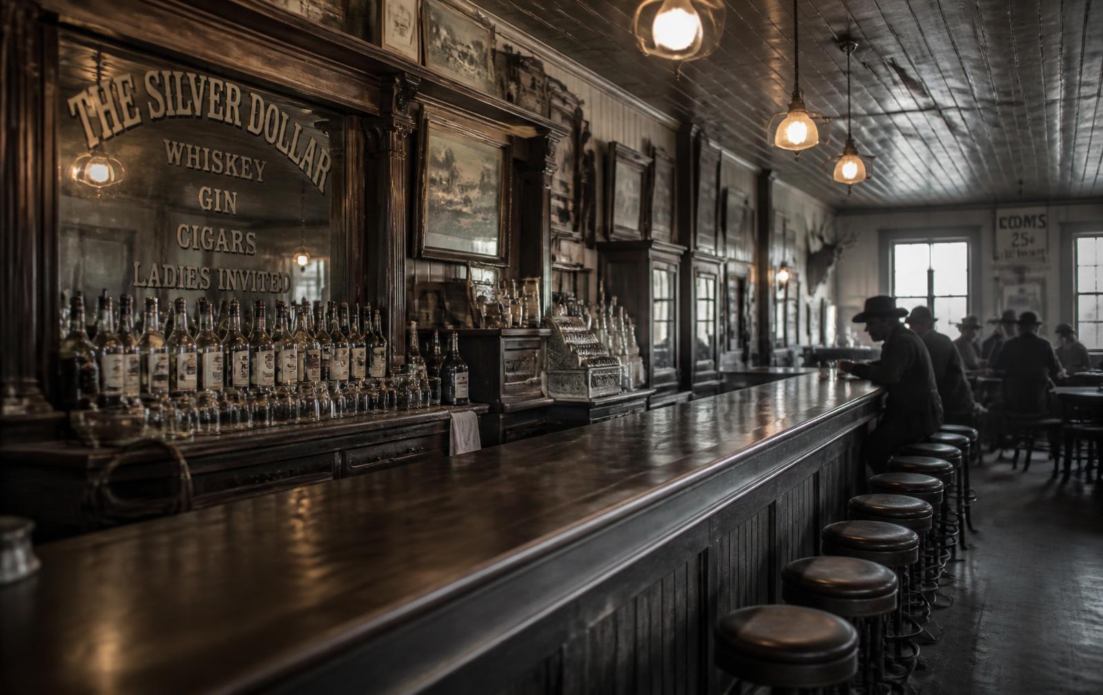 The historic long bar at the Buckskin Tavern